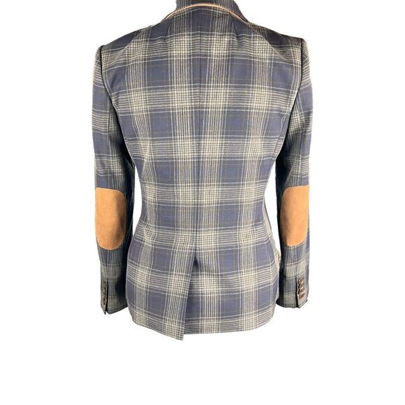 Tommy Hilfiger plaid blue gray patch sleeve tartan 2 button blazer fitted 8 - Picture 3 of 6